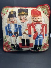 Vintage Wool Needlepoint Velvet Back Nutcracker Soldiers Pillow 12 inch square