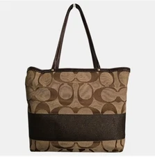 Vtg COACH Signature Stripe Tote Bag Women's Medium Brown Canvas A0768-10124 READ