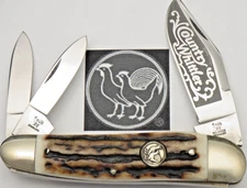 Solingen Made Bertram Hen & Rooster Serpentine Whittler Knife Great Stag Handles
