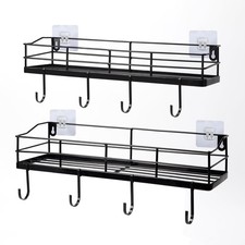 Set of 2 15-Inch Black Floating Shelves, 8 Removable Hooks, Adhesive Mount