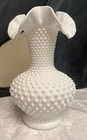 Vintage Fenton Unsigned Hobnail Milk Glass Ruffled Top Vase