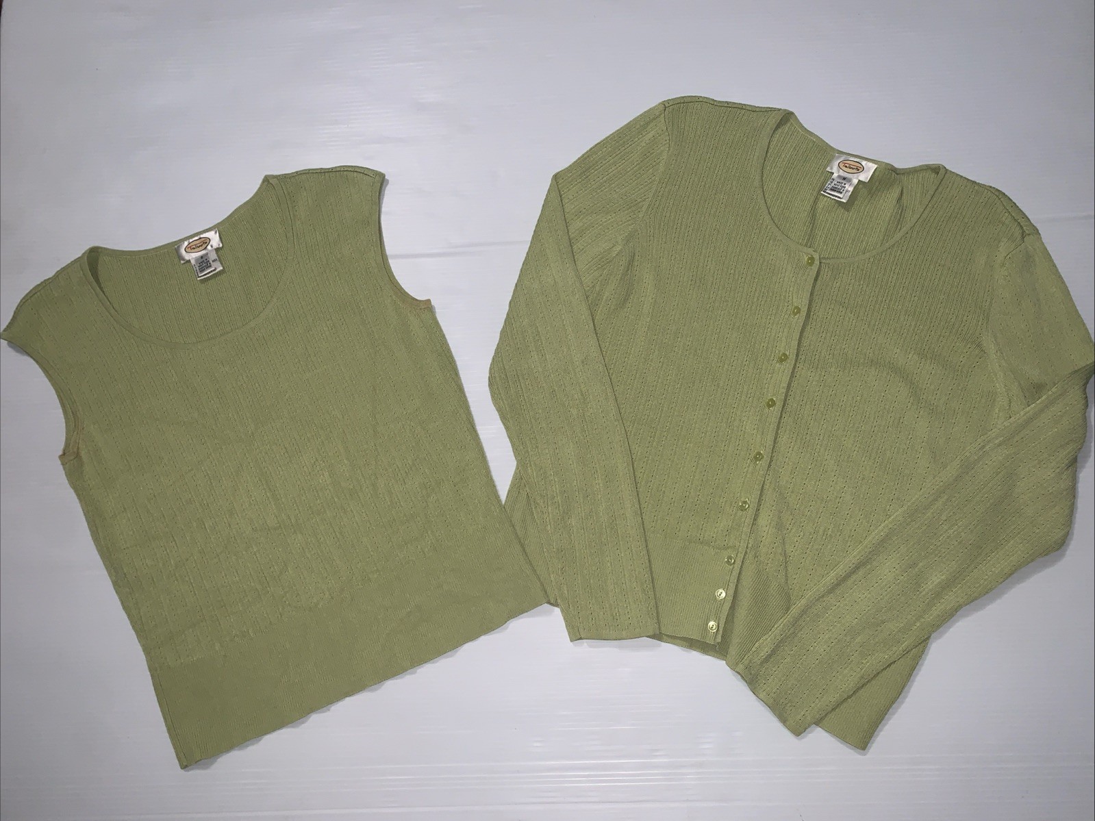 Green ribbed knit silk-blend cardigan and tank twin set