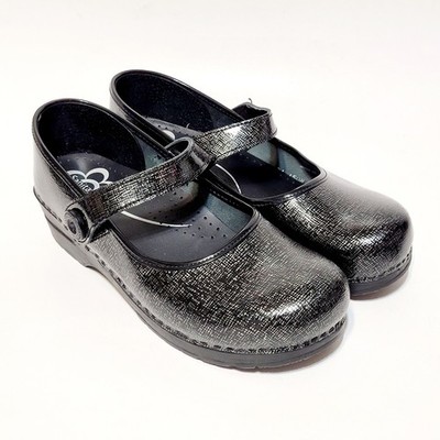 Sanita Danish Blaire Mary Jane Hook Loop Black Silver Leather Clog Shoes 41EU 10