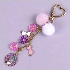 Purse Charm, Bag Charm, Bag Clip Pink White Gold Flower, Cat Heart Clip