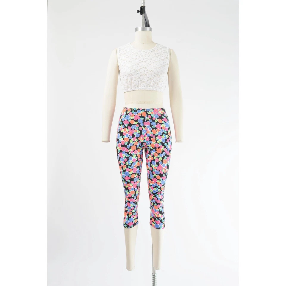 Винтажные яркие укороченные брюки-капри с цветочным рисунком эластичные хлопковые леггинсы из спандекса XS - Изображение 2 из 4