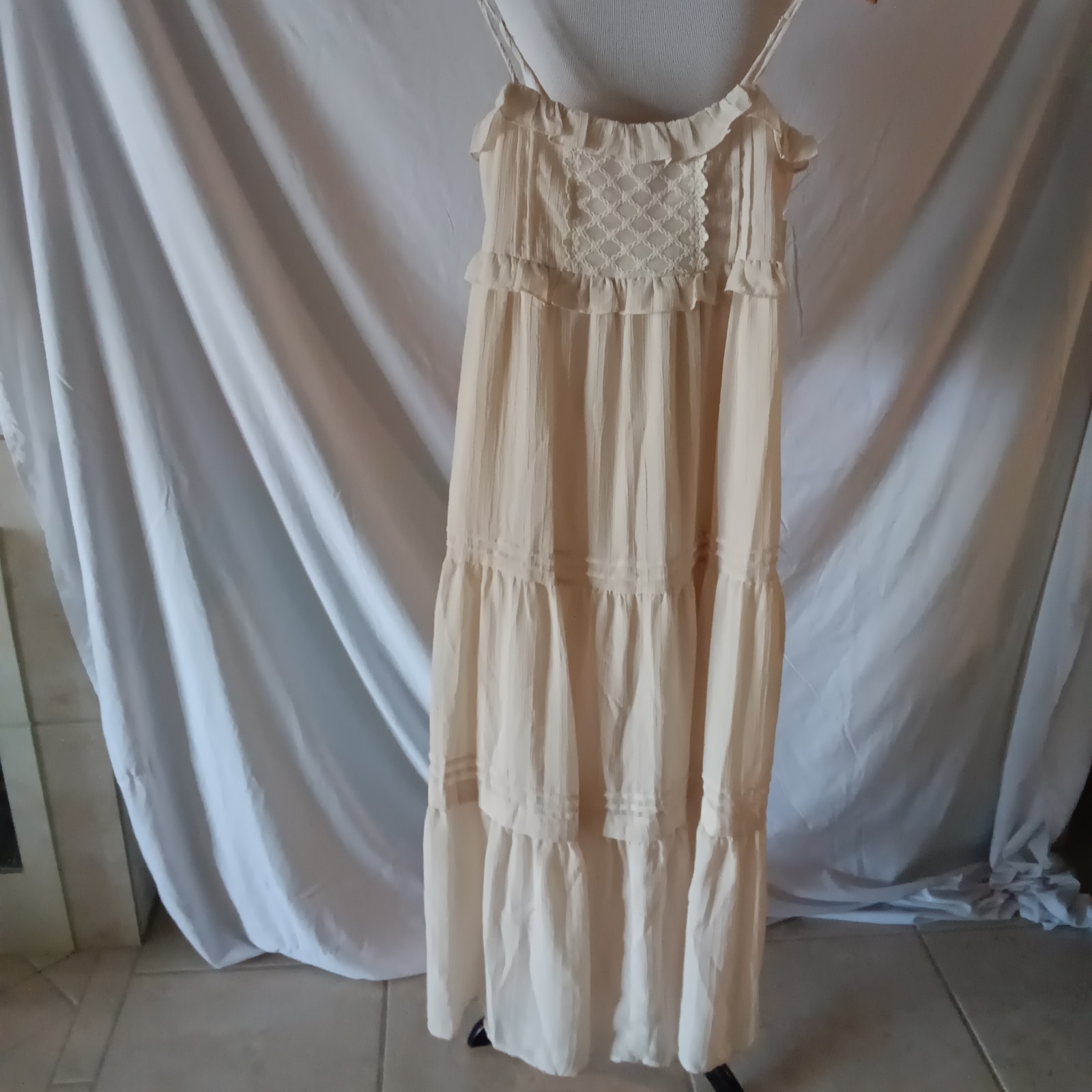 Cream Maxi Size XS Flowy Dress Festival Coachella Stagecoach Boho Hippie Western
