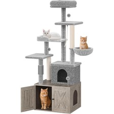 2-in-1 Litter Box Enclosure w Cat Tree, Condo Tower w Hammock  Scratching Post