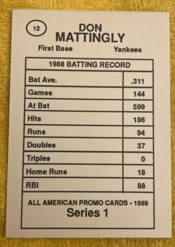 1989 All-American Promo Series 1 #12 ⚾️ Don Mattingly ⚾️ New York Yankees ⚾️ - Picture 2 of 2