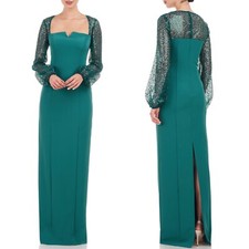 NEW JS COLLECTIONS Teal KIM Sequin BALLON LONG SLEEVE Column EVENING GOWN 4