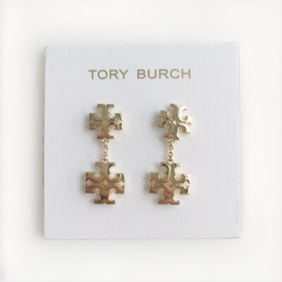 TORY BURCH KIRA LINEAR DOUBLE LOGO DROP Earrings Gold New