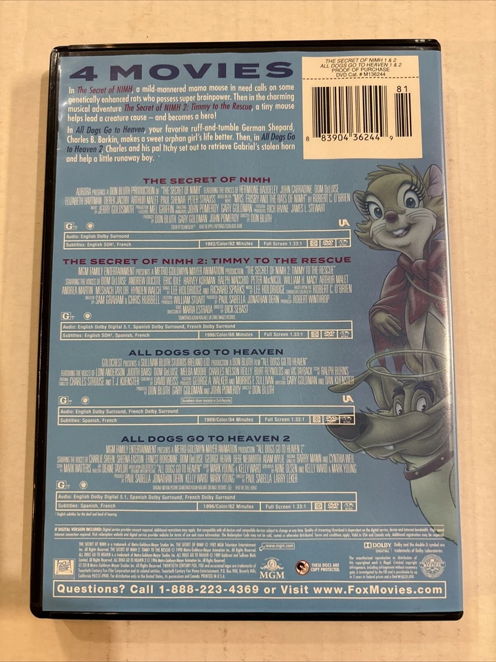 The Secret Of Nimh 1 And 2 And All Dogs Go To Heaven 1 And 2 ( 4 movie DVD set) - Image 2 of 4