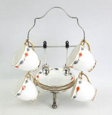 4x Roslyn Bone China Coffee Cups & Saucers With EPNS Spoons & Stand - Vintage