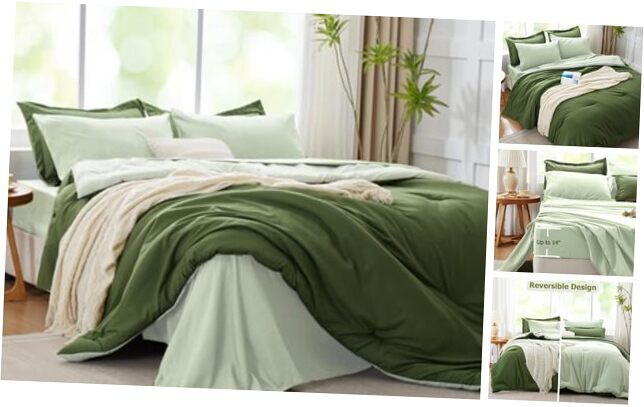 Comforter Set 7 Pieces, Dark Green, Reversible Queen 1 Dark Green-reversible