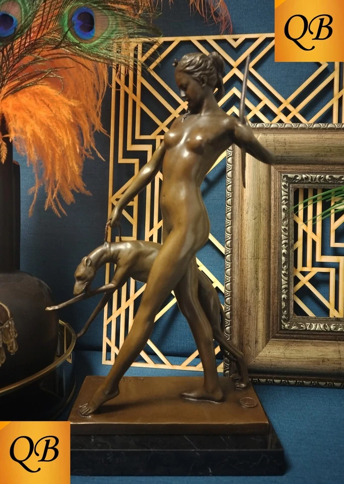ART DECO BRONCE DIANA & HOUND ESTATUILLA ESCULTURA ESTATUA FIRMADA DAMA DESNUDA FIGURA Foto 2 de 4