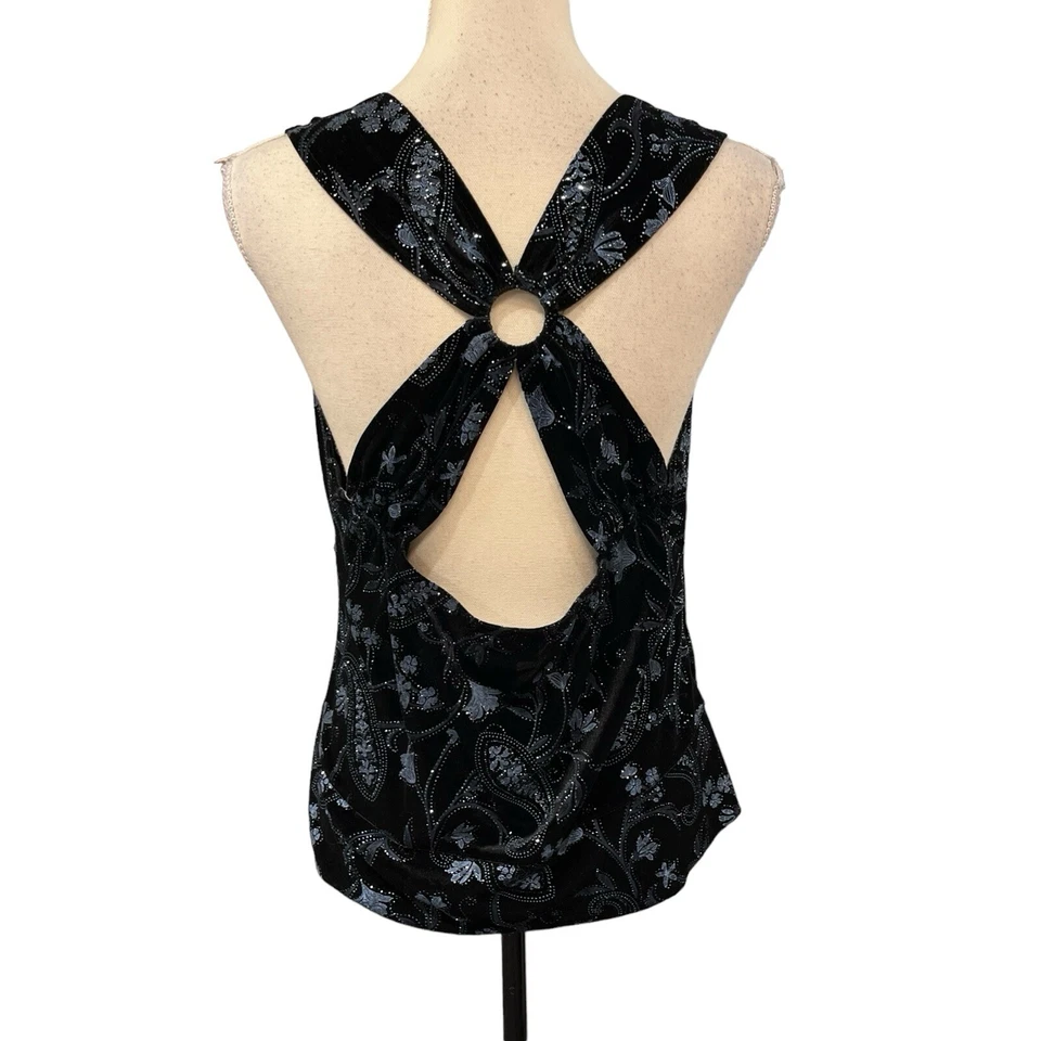 Top vintage Y2K L azul terciopelo floral lentejuelas detalle espalda abierta hada capricho Foto 2 de 4