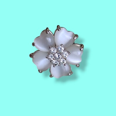 18ksp Silver Plate White Cats Eye Glass & CZ Dinner Cocktail Flower Ring Sz 4.75