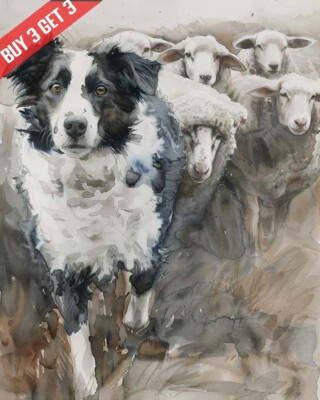Border Collie Herding Sheeps Watercolor Painting Print 8x10