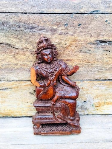 Ancient Wood Fine Hand Carving Lord Sarswati Figure Rare Sculpture - 第 2/8 張圖片