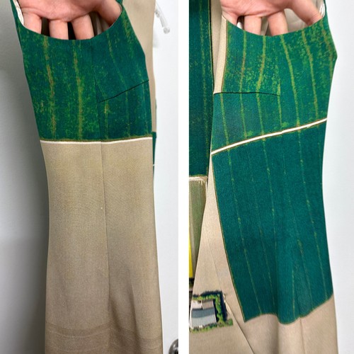 Akris Farm Flower Field Print Silk Dress Sheath Colorblock Stripe Tan Green 10 - Picture 15 of 18