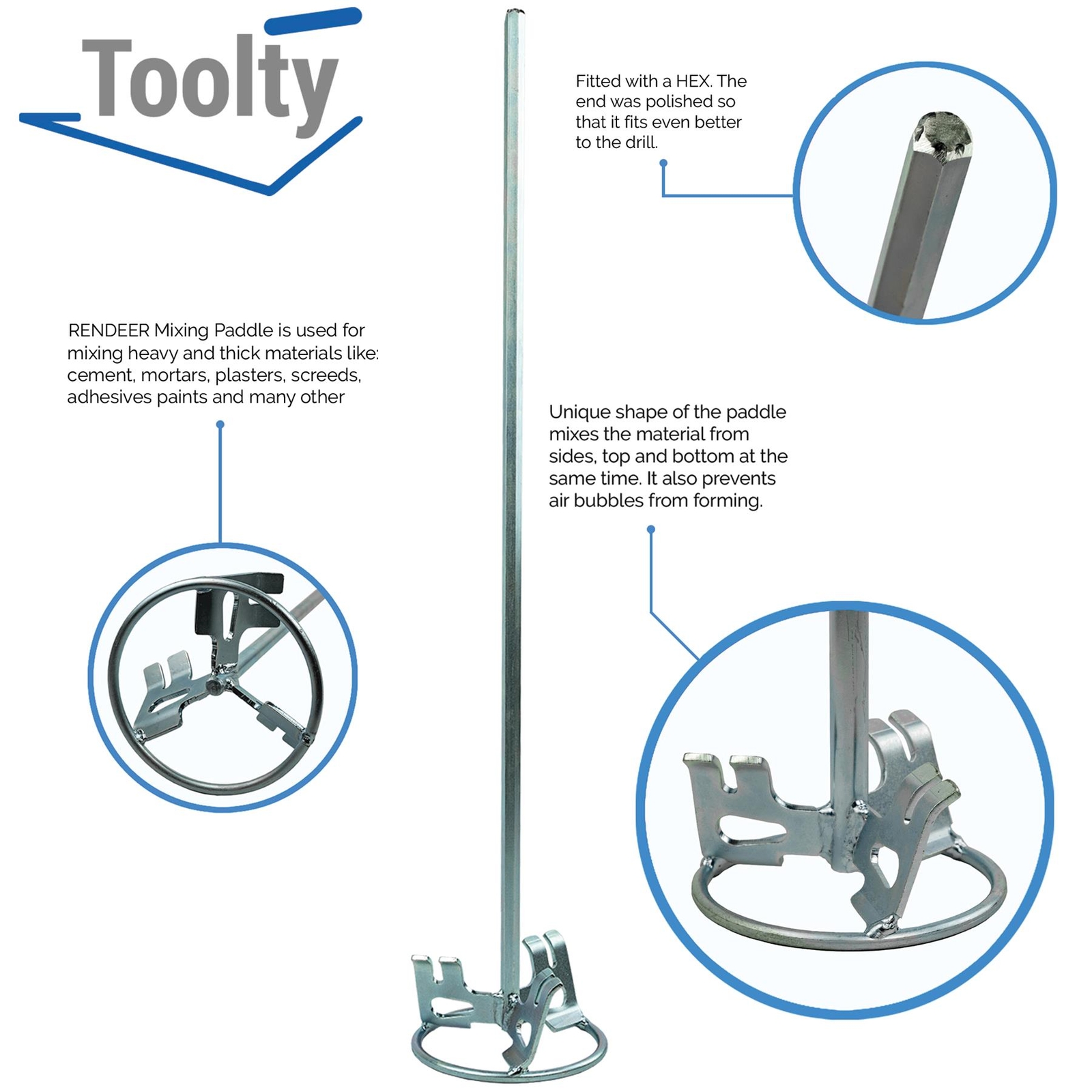 Toolty RENDEER Mixing Paddle HEX Plaster Mixer Agitator Stirrer DIY For Drill