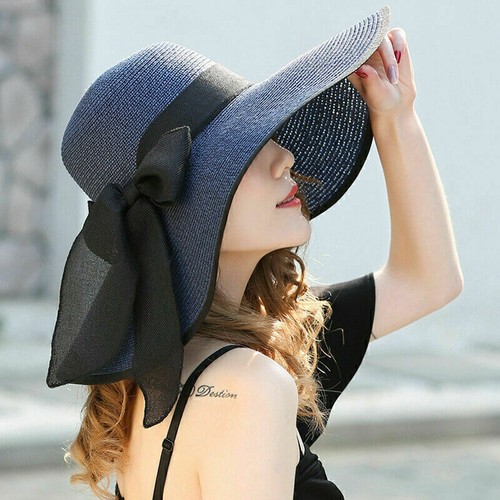 Lady Large Floppy Folding Wide Brim Cap Summer Holiday Sun Bow Straw Beach Hats - Picture 12 of 65