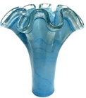 VTG MURANO 10” Tall RUFFLED TOP BLUE SWIRL VASE + SILVER AVENTURINE BLOWN GLASS