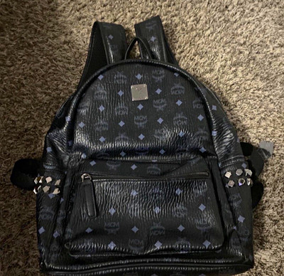 MCM Black Monogram Studded Zip Backpack w/ Adjustable Straps & Pockets