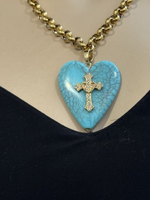 Blue Heart And Cross Necklace, Gold plated link chain handmade in the USA