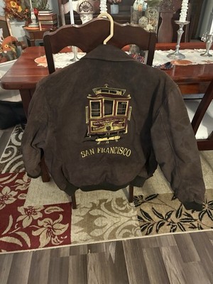 Vintage DNK San Francisco Cable Car Brown Suede Bomber Jacket Size M