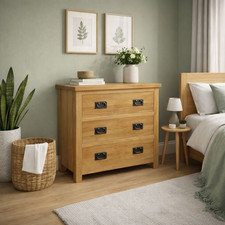 Oak 3 Drawer Chest – Oakcroft Rustic Dresser with Metal Handles, Fully Built