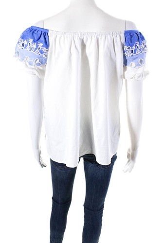 PETER PILOTTO Womens Cotton Eyelet Off The Shoulder Blouse Top White Blue Size 2 - Imagen 3 de 5