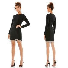 Mac Duggal Black Long Sleeve Asymmetrical Beaded Fringe Hem Mini Dress Size 6