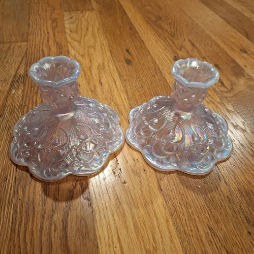 FENTON ART GLASS CO. LILY OF THE VALLEY PINK OPALESCENT ART GLASS CANDLE HOLDERS