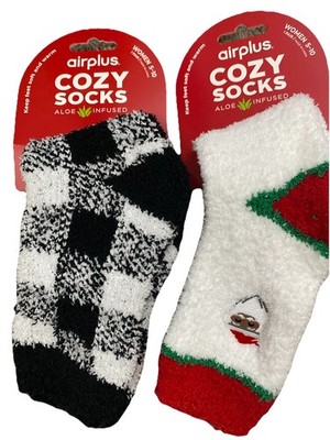 AirPlus Fuzzy Sock Aloe Infused Ultra Comfort 2 Pk Christmas Black White Santa