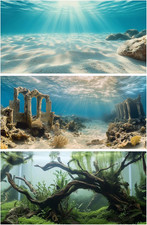 3-Pack Aquarium Backgrounds   36x18in Polyester Fish Tank Scenes: Undersea Ruins