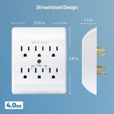 ETL Listed 2-Pack 15A 1875W 6 Outlet Extender Wall Tap 6 Way Plug Power ...