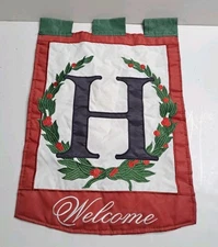 Welcome Monogram H Christmas Holly Wreath Double Side Embroidered House Flag