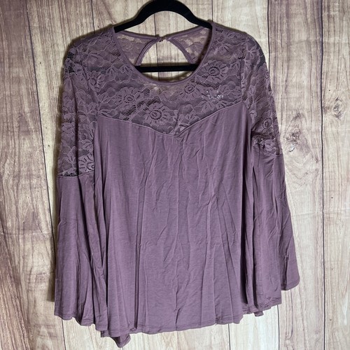 TORRID 0 Women's Super Soft Lace Yoke Inset Bell Sleeve Knit Top Walnut - Picture 3 of 12