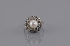 Sterling Silver Marcasite Swirled Pearl Solitaire Flower Band Ring 925 Sz: 6