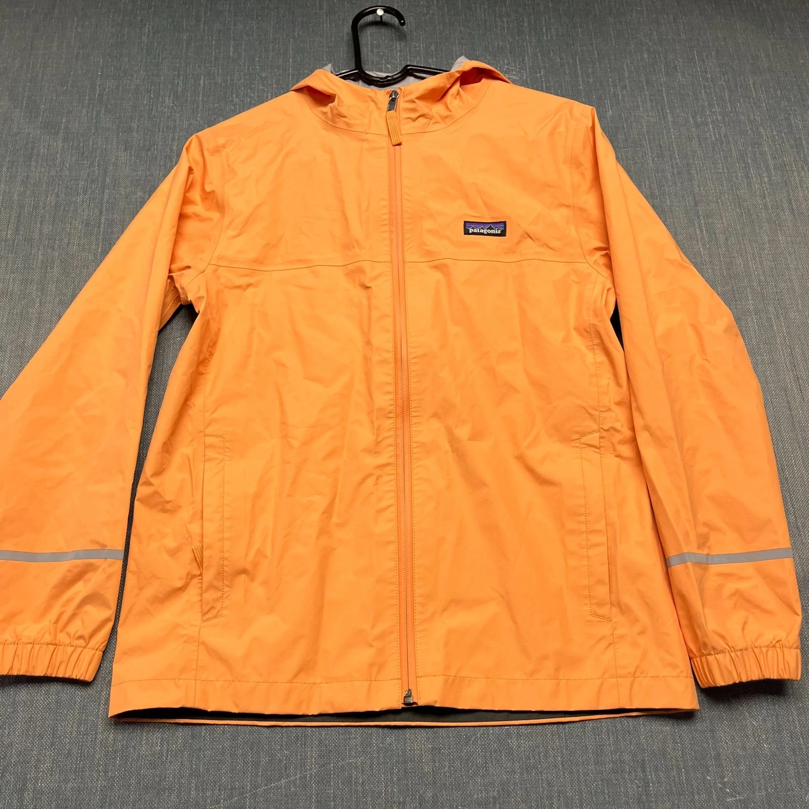 Patagonia Kids Rain Jacket XL 14 Orange Torrentshell Full Zip Hooded Reflective