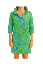 GRETCHEN SCOTT Arabesque Floral Shift Dress Green Blue 3/4 Sleeve Size M READ