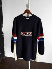 Fila Mens Vintage Navy Blue Big Logo Colorblock Knit Sweater Jumper Y2K Size M