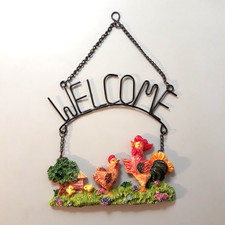 Vintage Metal Resin Rooster Hen Chicks Hanging Welcome Sign Country Farmhouse