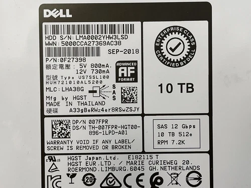 For Dell 10TB SAS 12Gb/s 7.2K RPM 3.5AF 512e Enterprise Server HDD HUH7210AL5200 - Picture 3 of 6