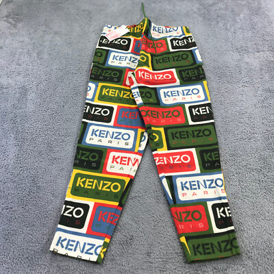 Kenzo Track Pants Mens Large Green Label All over Print Jogger Ankle Zip  Drawstr