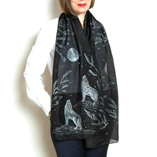 Wolf Hand Painted Scarf Black Silk Cotton Scarf Wolf Full Moon Long Scarf 69X16