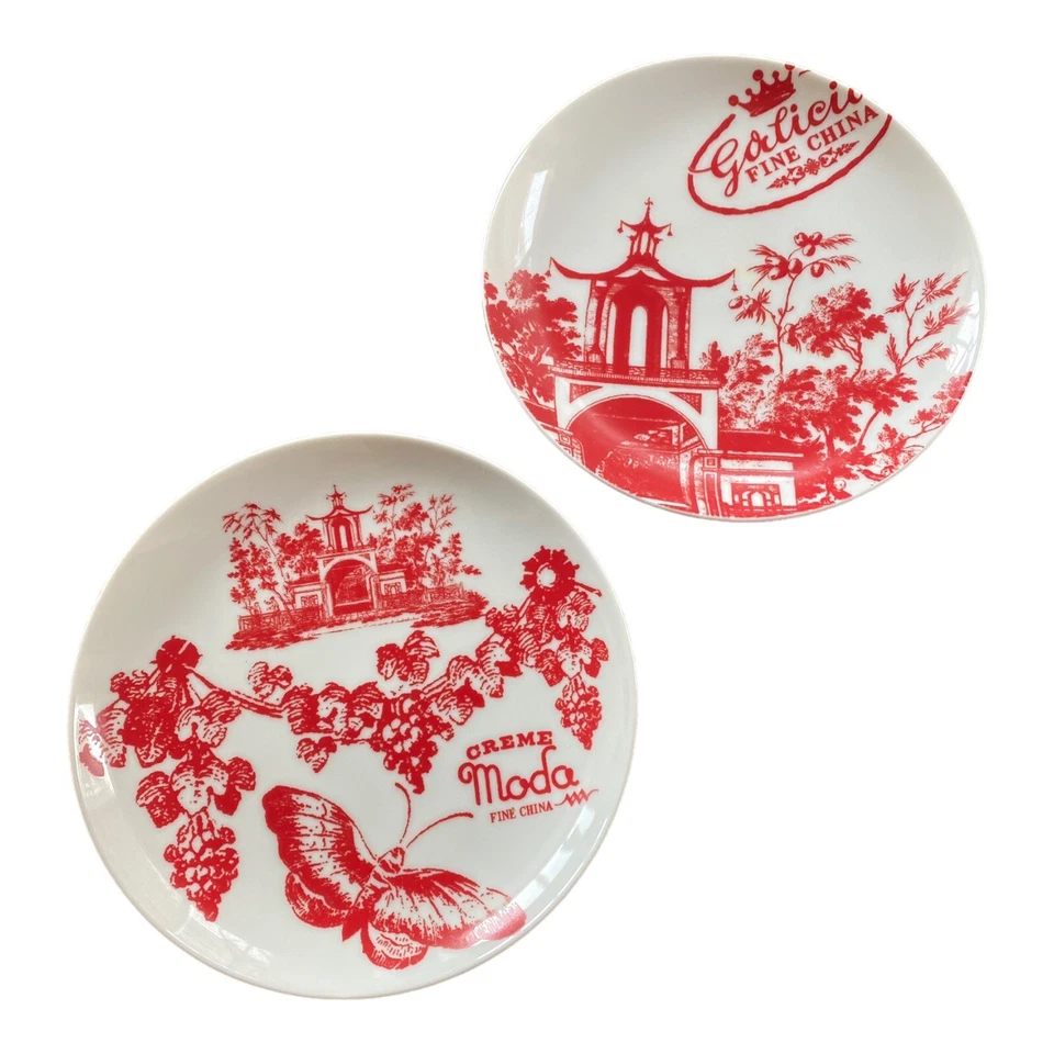 Anthropologie red toile Chinoiserie Salad Dessert Plate Set 2 butterfly chinese - Image 3 of 4