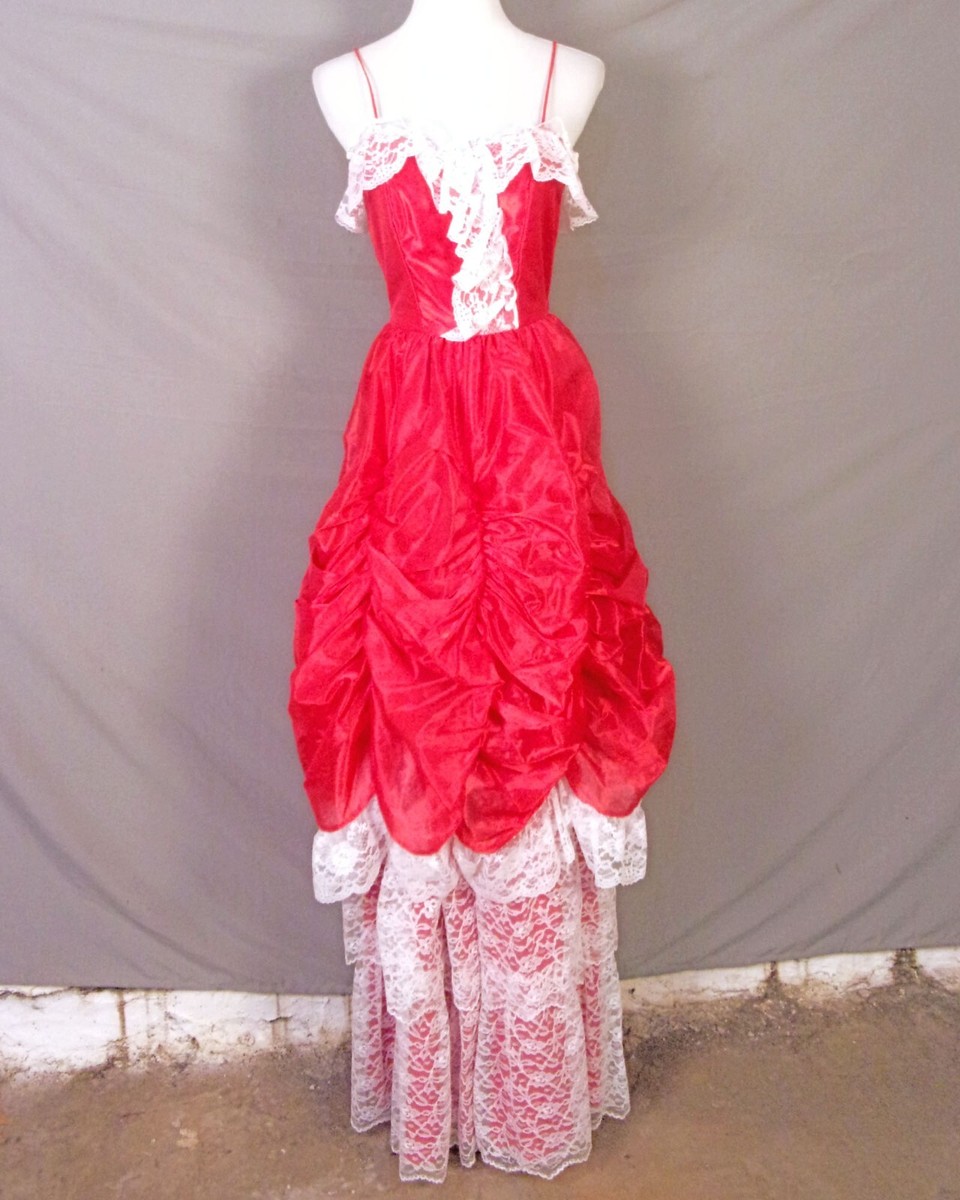 vintage 80s LOUD red & white Lace Satin Prom Dress Saloon Southern