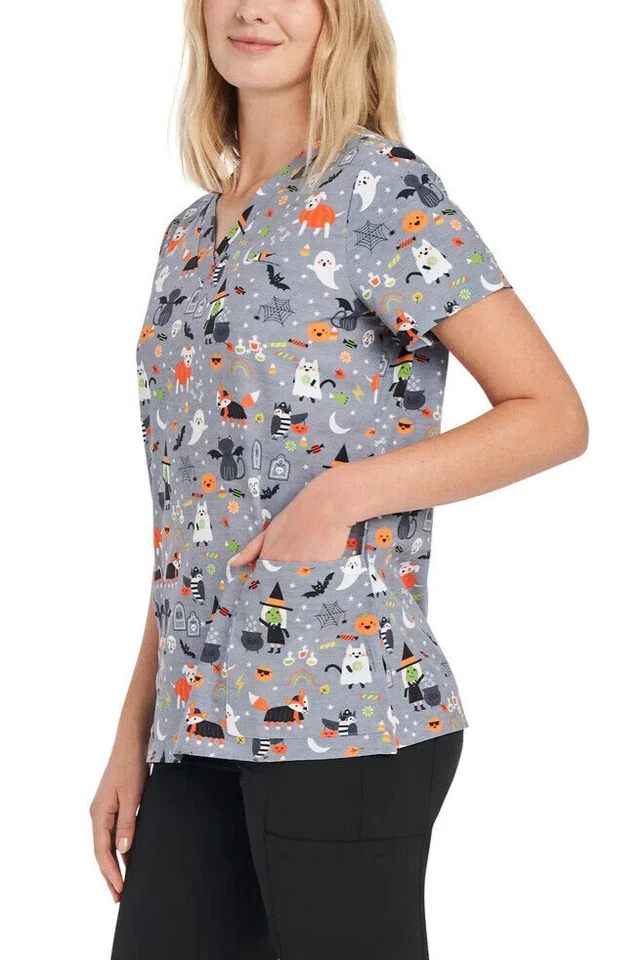 White Cross Womens Halloween Grey Scrub Top Sz 2XL- Spooky Animal Fun - Image 4 of 4