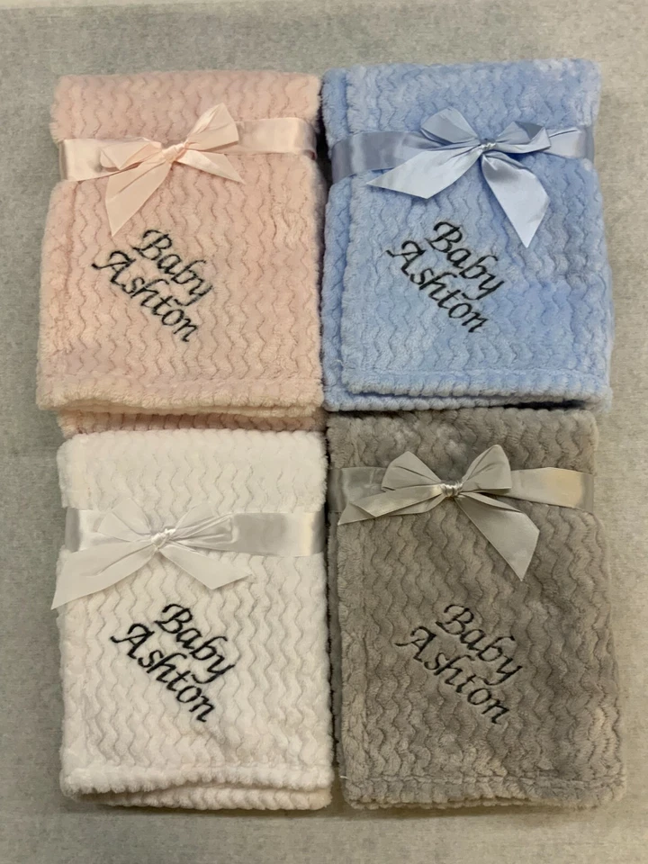 Personalised Baby Girl Boy Unisex Blanket Embroidered Name Grey Pink Blue White - Image 2 of 4